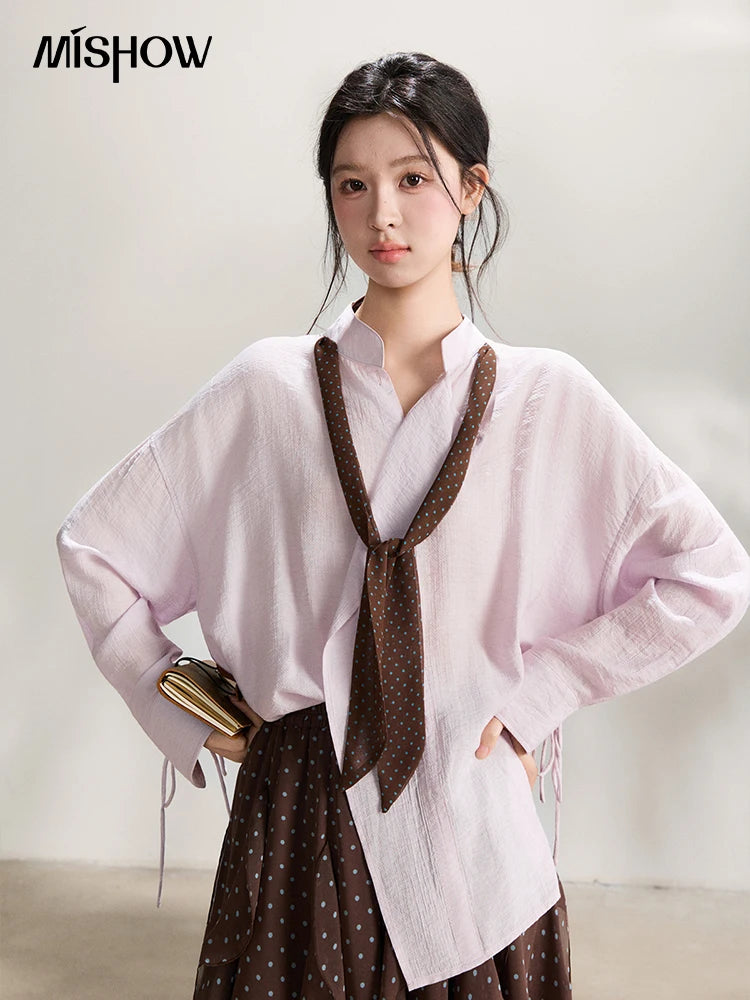 MISHOW Women's Asymmetric V Neck Shirts 2026 Spring Lapel Casual Loose Tie Cuffs Solid Shirt with Polka Dot Ribbon MXF108X1002
