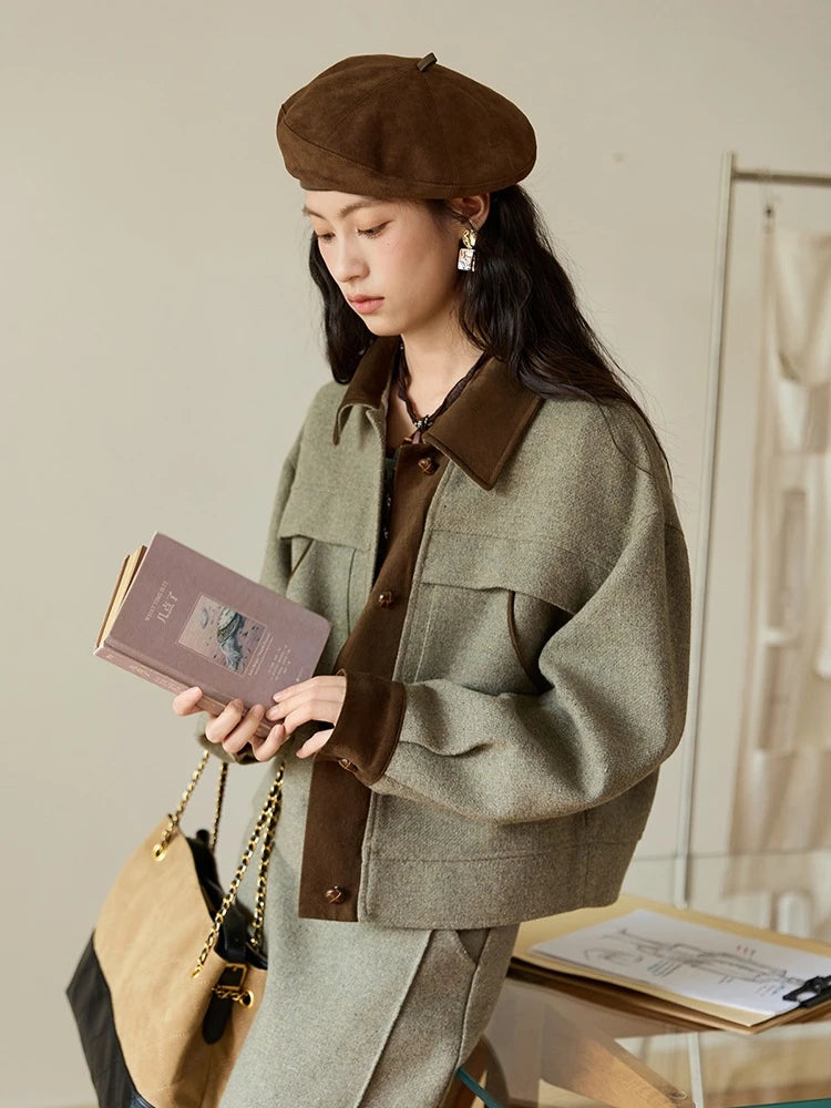 MISHOW Wool Woolen Coat for Women 2025 Autumn Contrasting Suede Patchwork Retro Short Top Lapel Loose Warm Coats MXE46W0844