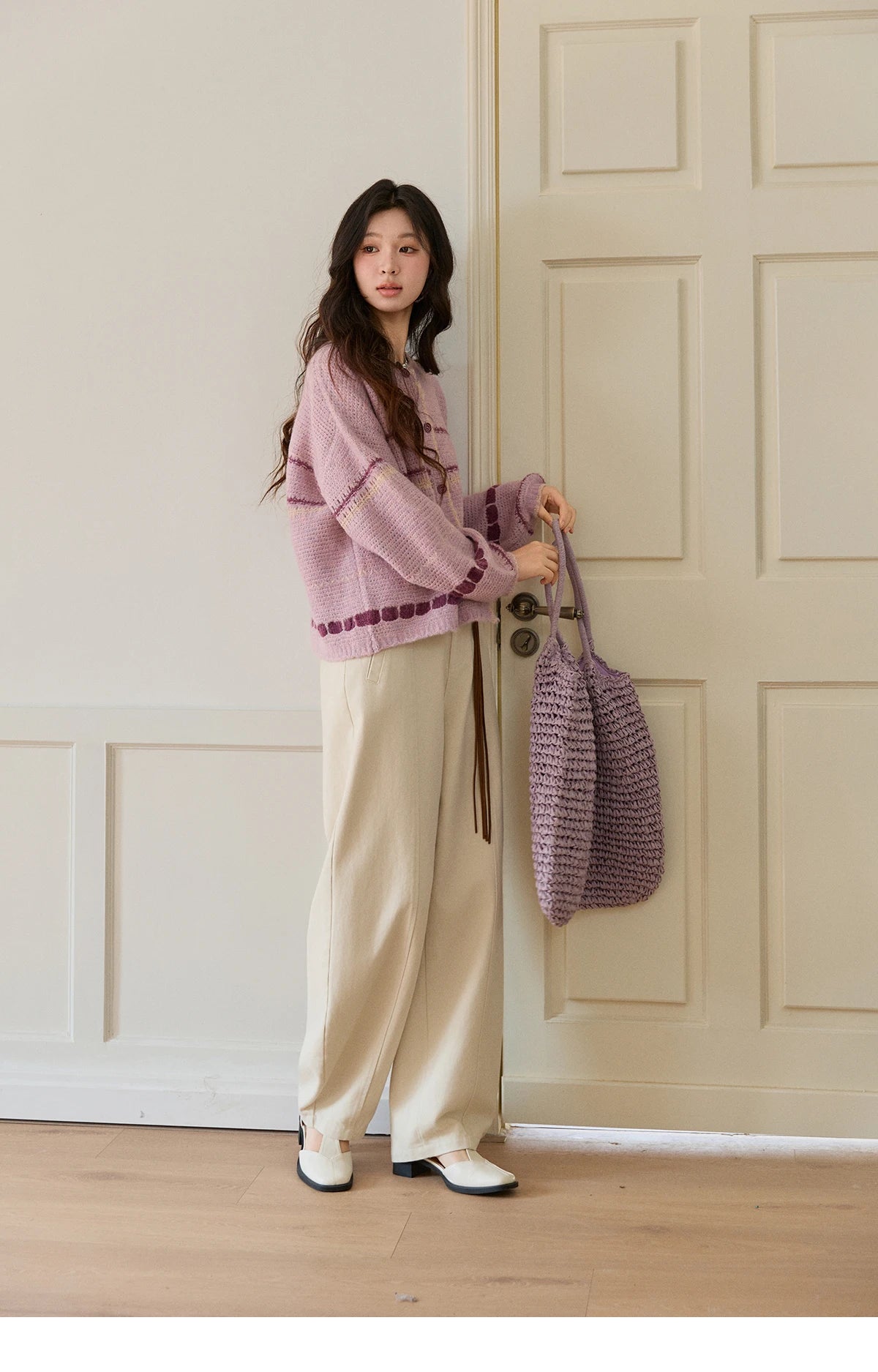 MISHOW Women's Lilac Knit Cardigan 2026 Spring Striped Dot Pattern Crew Neck Tops Single Breasted Warm Loose Sweater MXF11Z2897