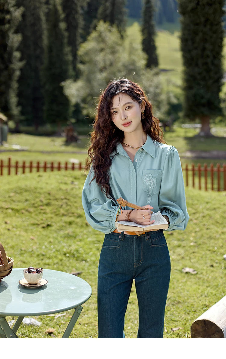 MISHOW Hong Kong Retro Solid Long Sleeve Shirt 2024 Autumn Temperament Loose Tops Lantern Sleeve Embroidery Shirts MXD41C0287