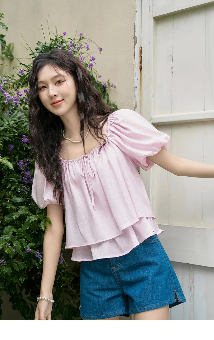MISHOW French Square Neck Tied Lantern Sleeve Blouses 2025 Summer Double Layered Hem Puff Sleeve Solid Sweet Tops MXD26X1551