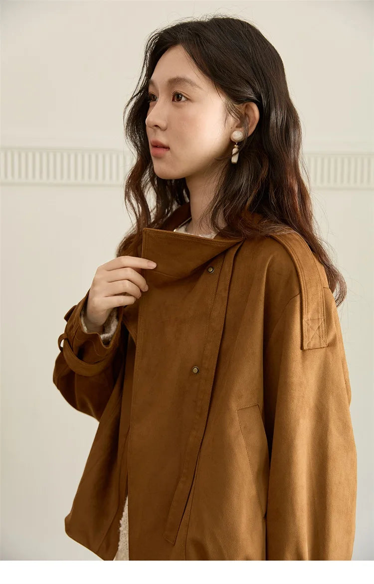 MISHOW Vintage Suede Short Jacket Brown Lapel Zipper MXE45W0869