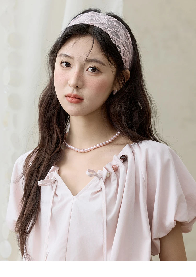 MISHOW Solid French Summer Blouses Woman 2025 New Short Puff Sleeve V-neck Beaded Retro Shirts Women Fashion Tops MXE33X1757