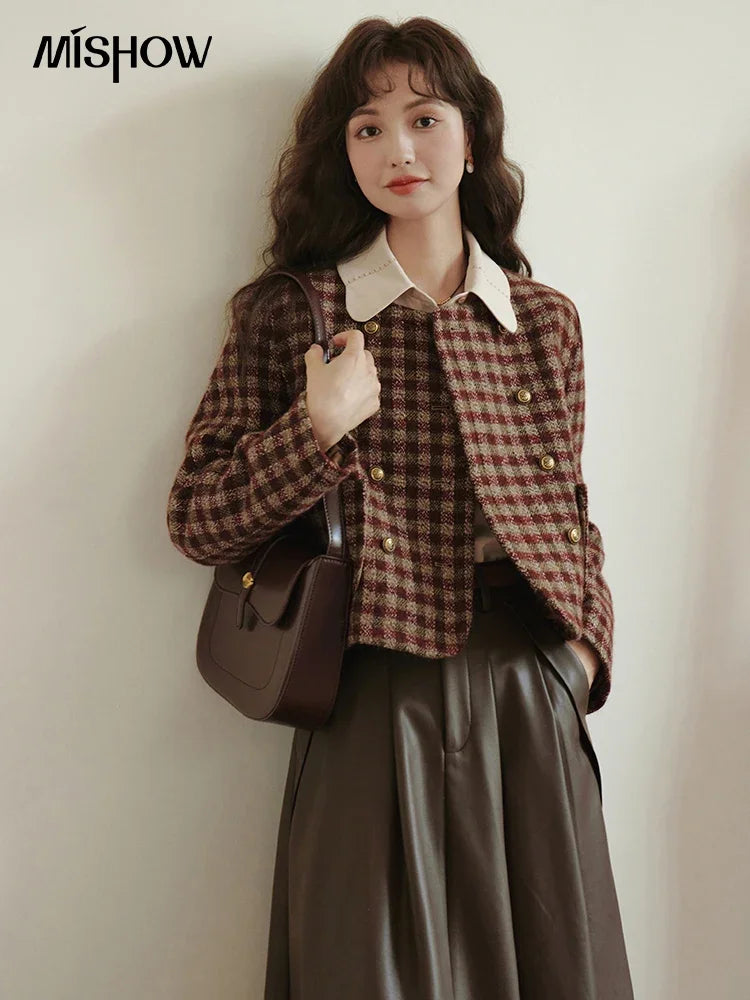 MISHOW Women's Vintage Plaid Coat 2024 Autumn French Single Breasted Crew Neck Crop Woolen Tops Office Lady Outerwear MXC48W0175