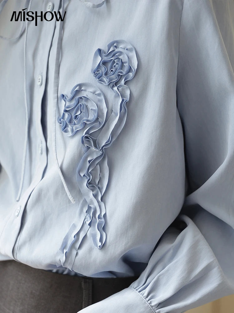 MISHOW Coiled Flowers Embroidered Blue Shirt for Women Autumn 2025 Stand Neck Lace-up Brushed Shirts Office Lady MXE44C2398