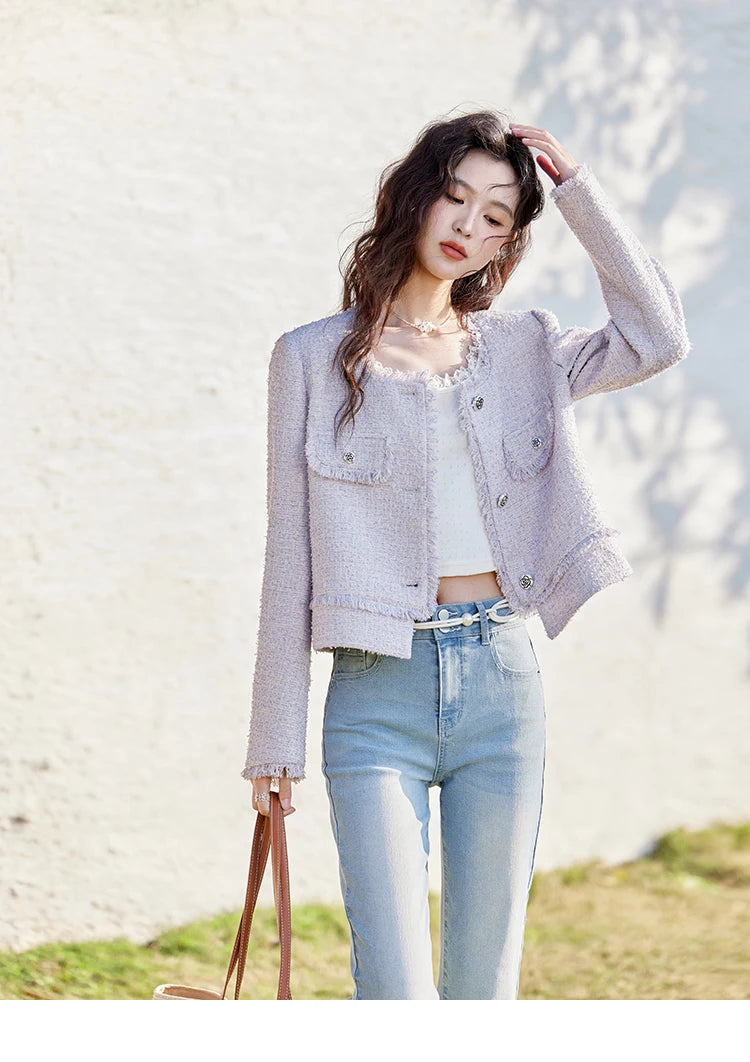 MISHOW Tassel Fragrant Coat for Women 2025 Spring Rose Buckle Weave Short Coats Elegant Square Neck Straight Coats MXE13W0733