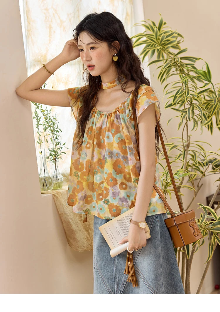 MISHOW 100 Cotton Citrus Oil Painting Printed blouse for Women 2025 Summer Vacation Korean Flying Sleeve Casual Top MXE36X1872
