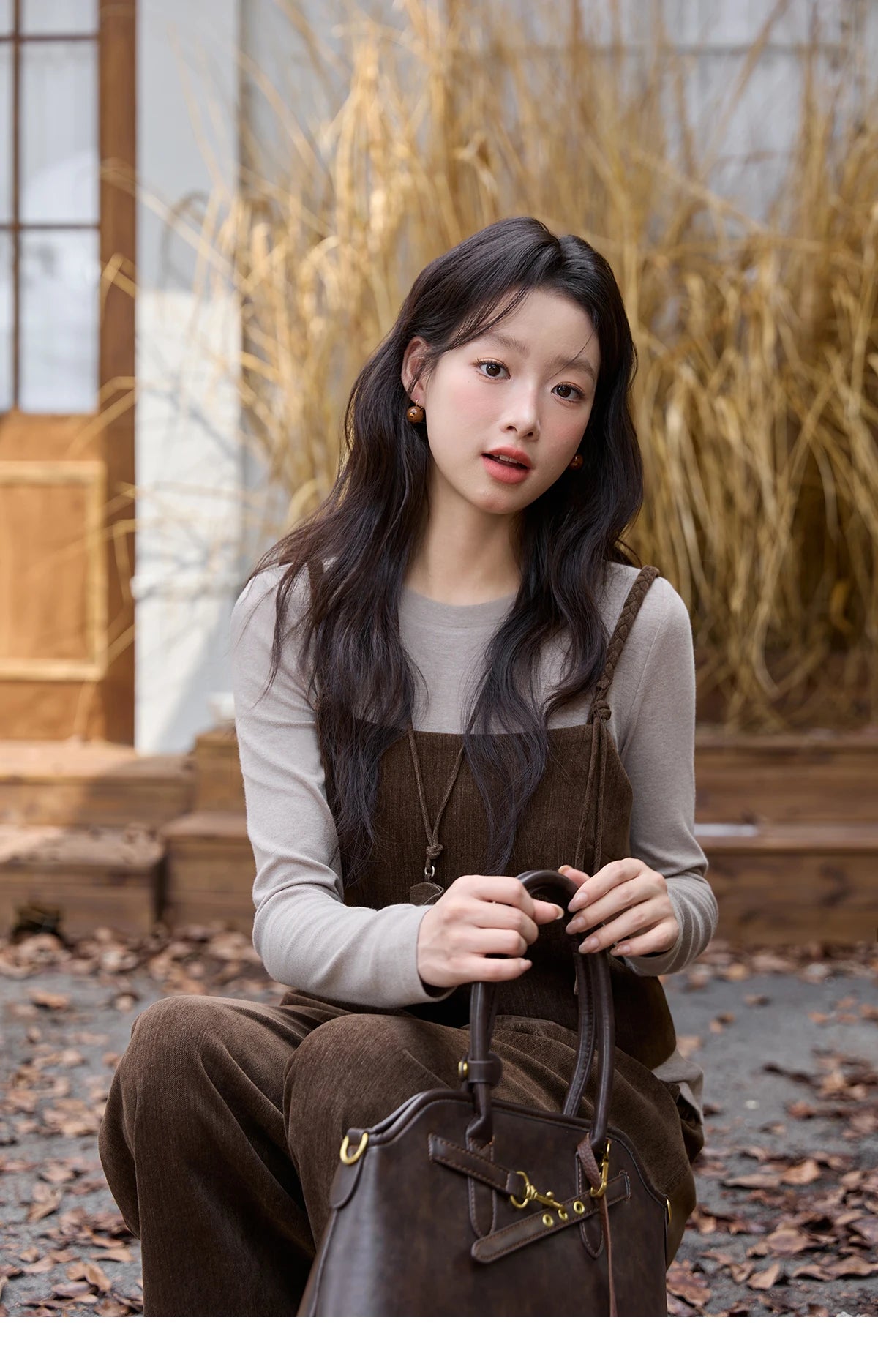 MISHOW Three-piece Suit Women 2025 Retro Brown Vest Wide-leg Pants Gray Long Sleeves Tops Autumn Women's Pants Set MXE49T1422