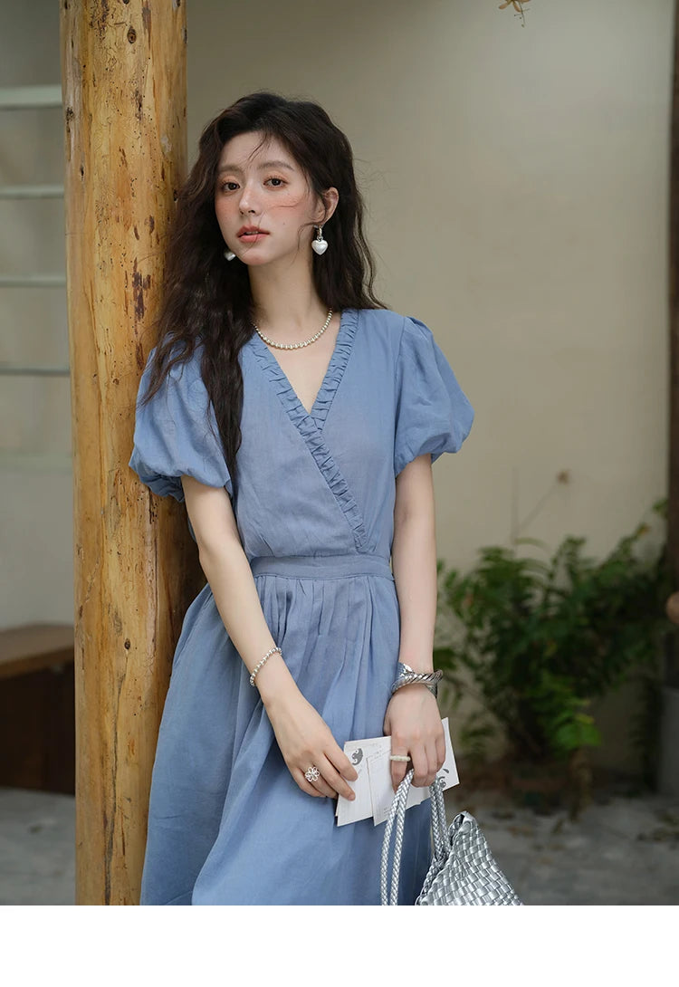 MISHOW Summer Fashion V-neck Dress Woman 2025 New Puff Sleeve Sashes Elegant Pocket Vacation Dresses Ladies Clothing MXE39L2381