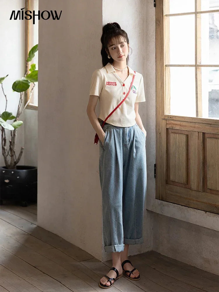 MISHOW Summer T-shirts for Women Korean Fashion Polo Collar Embroidery Letter Short Tops Harajuku Casual Solid Tees MXB32T0477