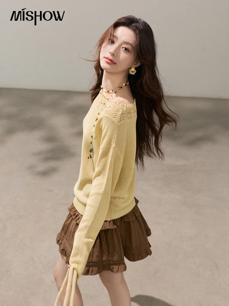 MISHOW Women's Hollowed Out Lace Trim Knit Tops 2026 Spring Boat Neck Long Sleeve Knitwear Casual Soft Yellow Sweater MXF15Z3050