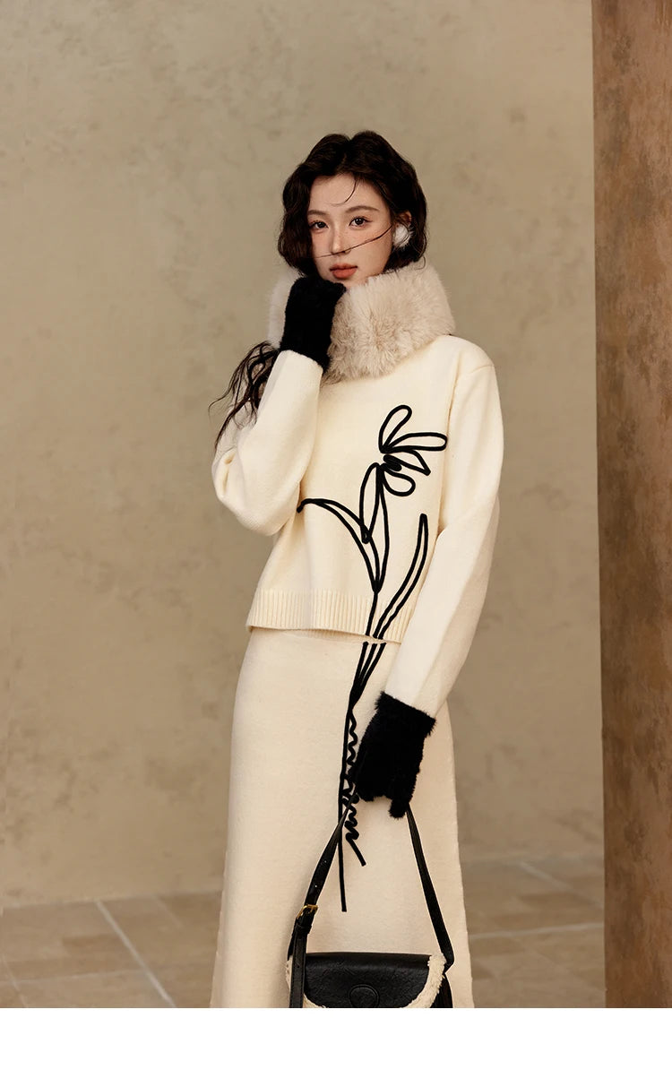 MISHOW French Skirt Sets Embroidery Spliced Contrast Color Two Piece Sets Women High Waist Midi Skirt Knitted Tops MXD57T0463