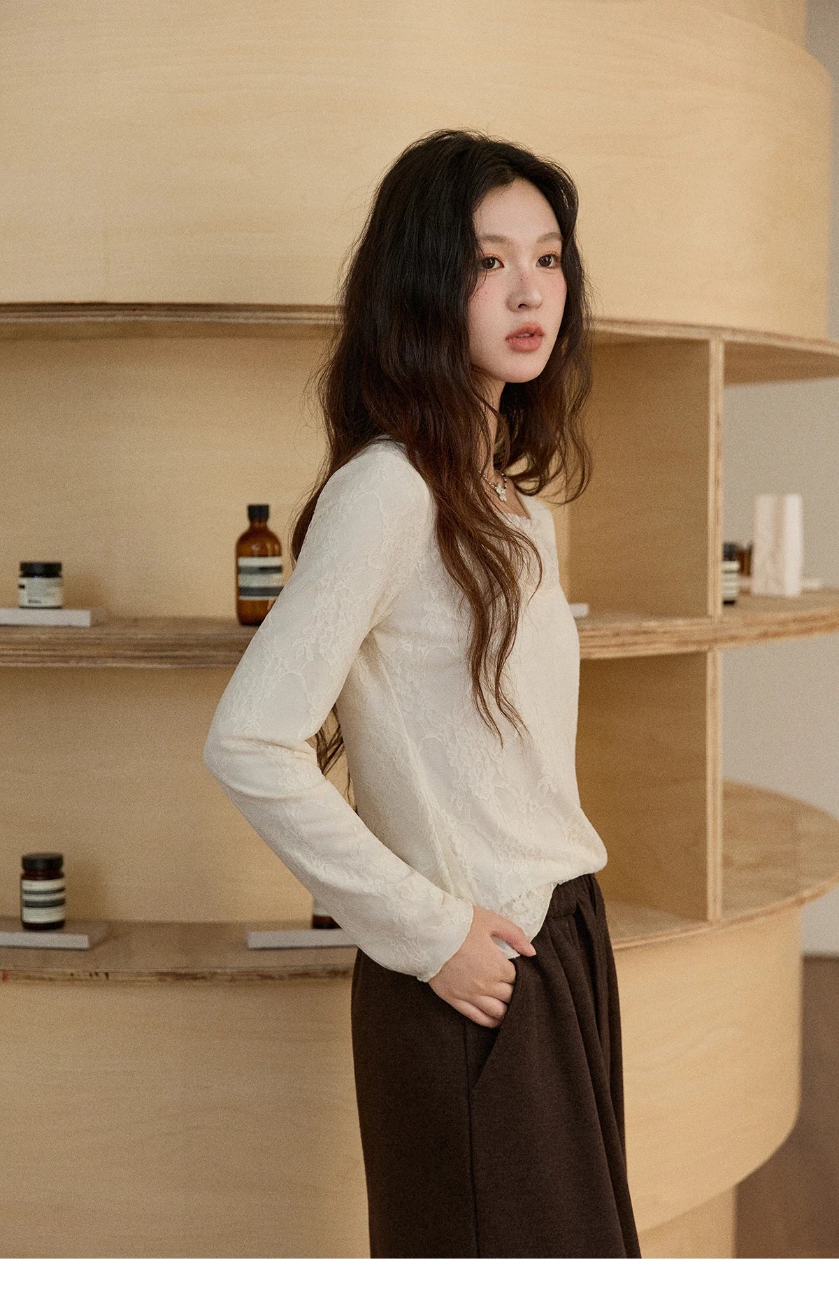 MISHOW Women Long Sleeve Tees 2025 Autumn Winter Elegant Beige Lace Patchwork Top Women Large U-neck Slim Fit Top MXE91X2514