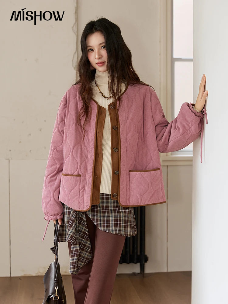 MISHOW Pink Purple Corduroy Jacket Women 2025 Winter Retro Gourd Pattern Pleated Cotton Splicing Suede Jacket Top MXE88W0882
