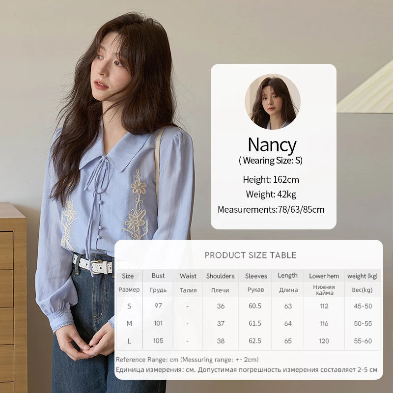 MISHOW Women's 100% Lyocell T-Shirt 2025 Autumn Flower Embroidered Tops Puff Sleeves Lapel Lace-up Shirts Office Lady MXE42C2371