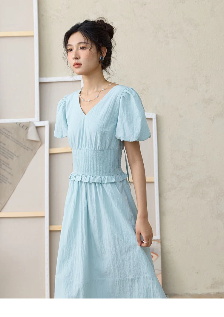MISHOW French Summer Dresses Women 2025 New Short Puff Sleeve V-neck Solid Cotton Blended Dress Female Slimming MXE34L2288