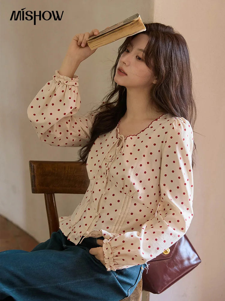 MISHOW Apricot Bottom Red Polka Dot Shirt for Women Autumn 2025 Korean Ruffled Edges Shirts V-neck Lace-up Sweet Top MXE42X1971