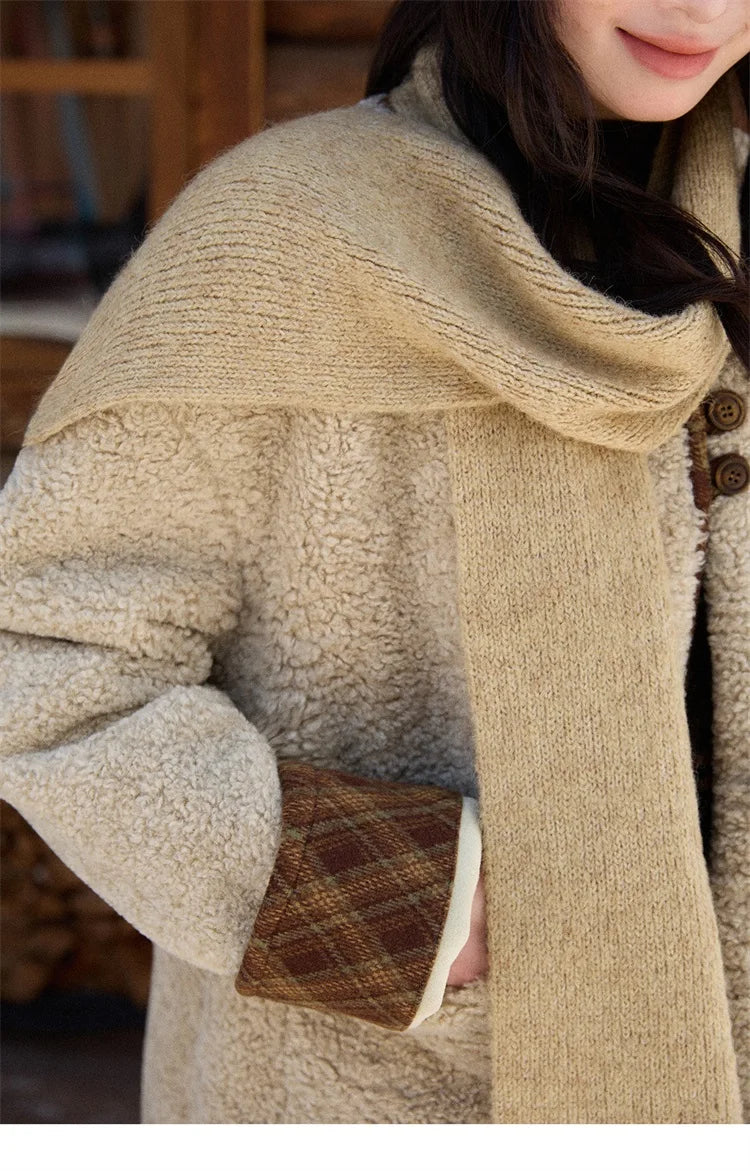 MISHOW Woman Plaid Patchwork Lamb Wool Coat 2025 Winter Round Neck Coat Commute Warm Loose Jacket （Without A Scarf）MXE90W0923