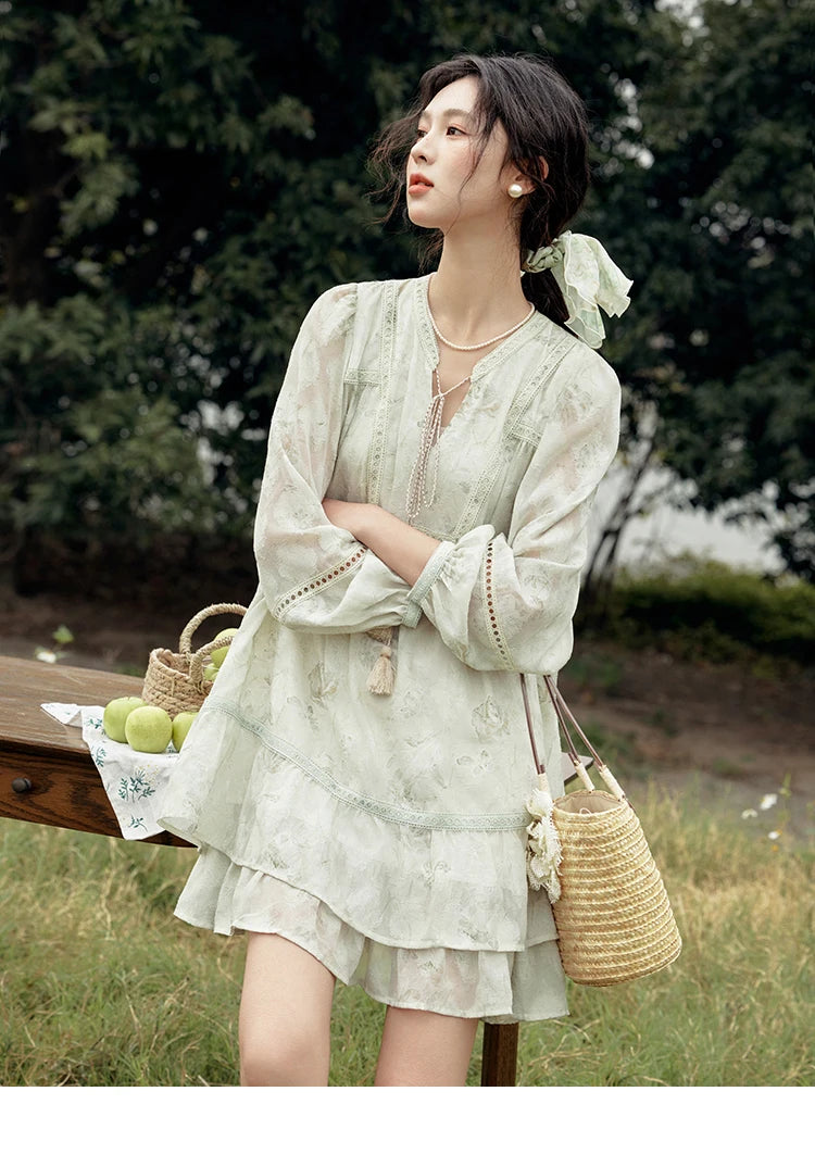 MISHOW Floral V-neck Drawn Tassels Dresses 2025 Spring Summer Hollow Out Lantern Sleeve Dresses Vacation Doll Dress MXE15L2121