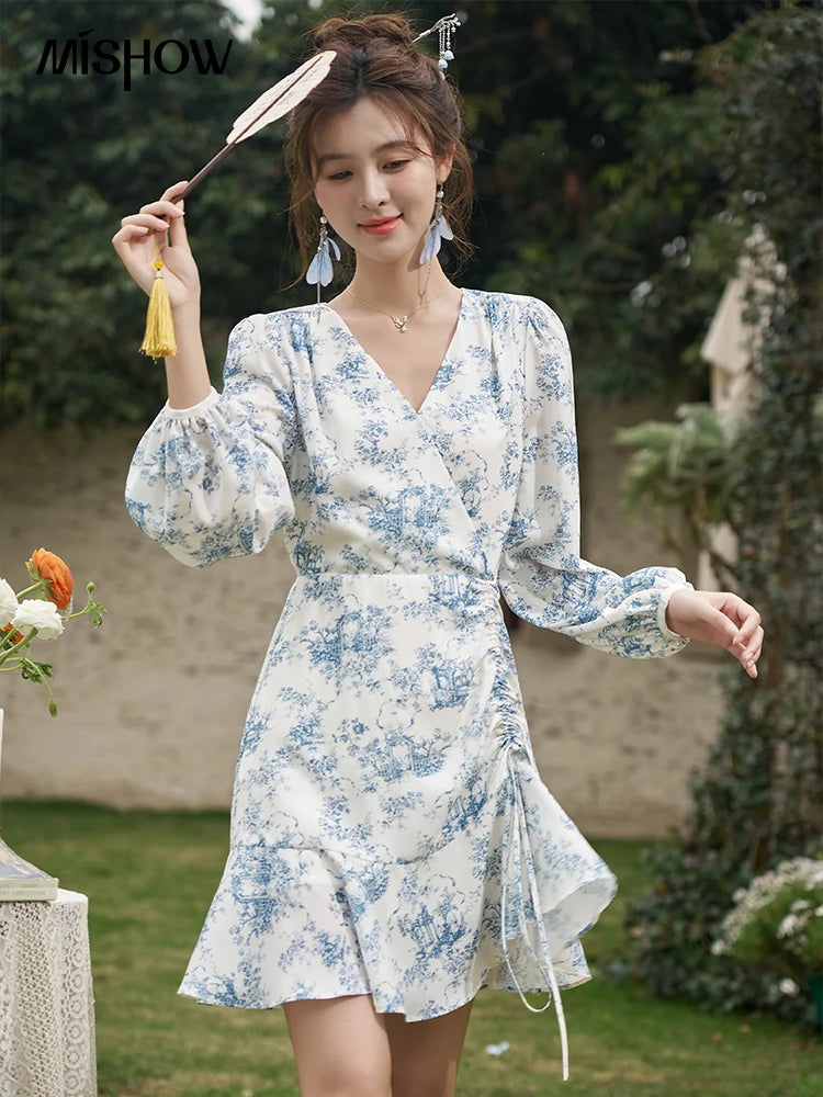 MISHOW French V-neck Chiffon Dress 2025 Spring Slim Blue and White Porcelain Printing Temperament Floral Dresses MXD15L1673