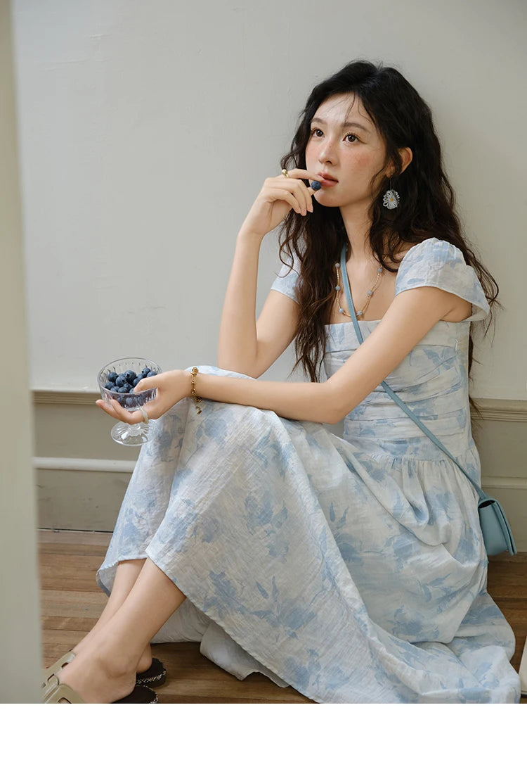 MISHOW Women's Fashion Print Dress 2025 Summer Square Neck Flying Sleeve Vacation High Waist Dresses Women's Clothing MXE35L2274