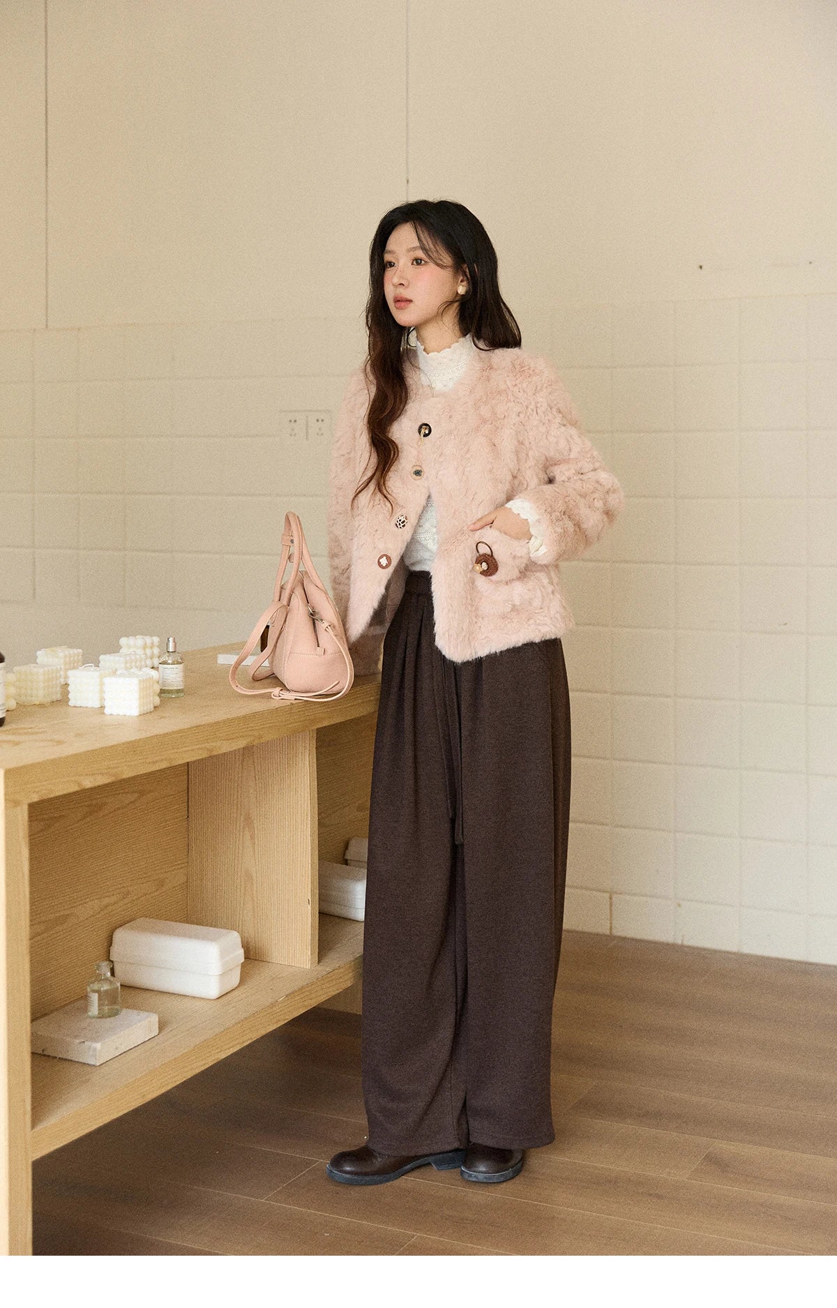 MISHOW Women's Winter Jacket 2025 Sweet Pink Faux Rabbit Fur Coat with Pockets Handcrafted Vintage Buttons Outerwear MXE87W0990