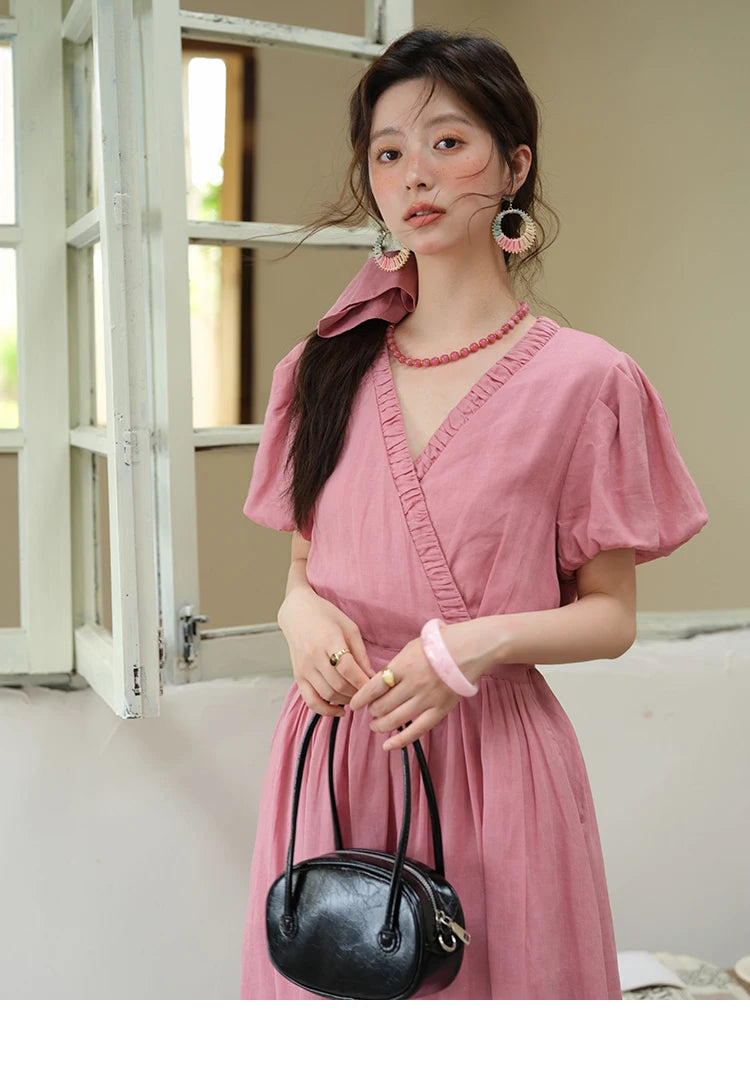 MISHOW Summer Fashion V-neck Dress Woman 2025 New Puff Sleeve Sashes Elegant Pocket Vacation Dresses Ladies Clothing MXE39L2381
