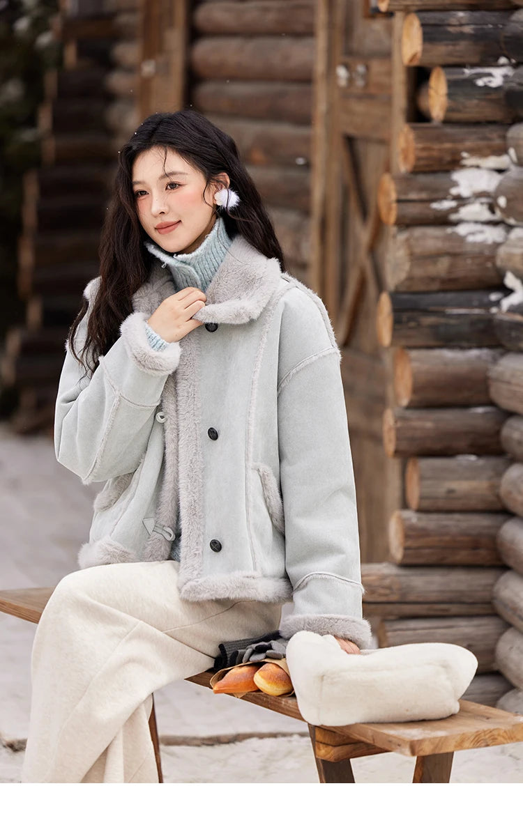 MISHOW Leather Fur Coat Fur Collar with Bag Women Winter Clothes Suede Plush Jacket Pocket Soft Thickened Warm Tops MXD57W0737