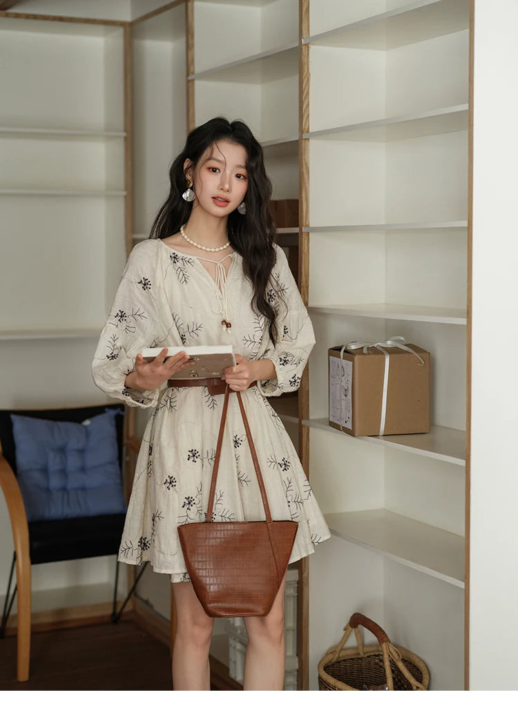 MISHOW Embroidered Doll Dress 2025 Seven Cent Lantern Sleeve Dress O-neck Tassel Lace-up Cotton Dress with Waist Belt MXE41L2480