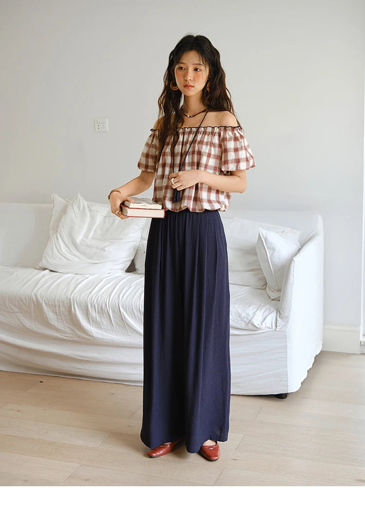 MISHOW Two Piece Set for Women Retro Red Grid Puff Sleeve Top+Casual Elastic Waist Wide Leg Pants Set 2025 Summer New MXE37T0649