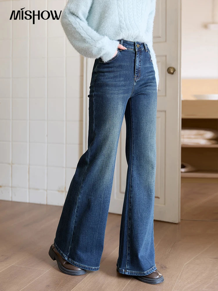 MISHOW Women's Jeans 2025 Autumn Winter Denim Blue Flared High Waist Slim Jeans New Retro Commute Wide Leg Trousers MXE51K1092