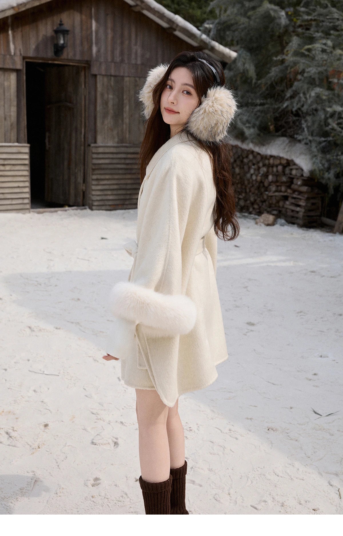 MISHOW 100% Wool Cape Double-sided Woolen Coat 2025 Winter Elegant Detachable Furry Cuffs Warm Lapel Ponchos Coats MXE90W0947