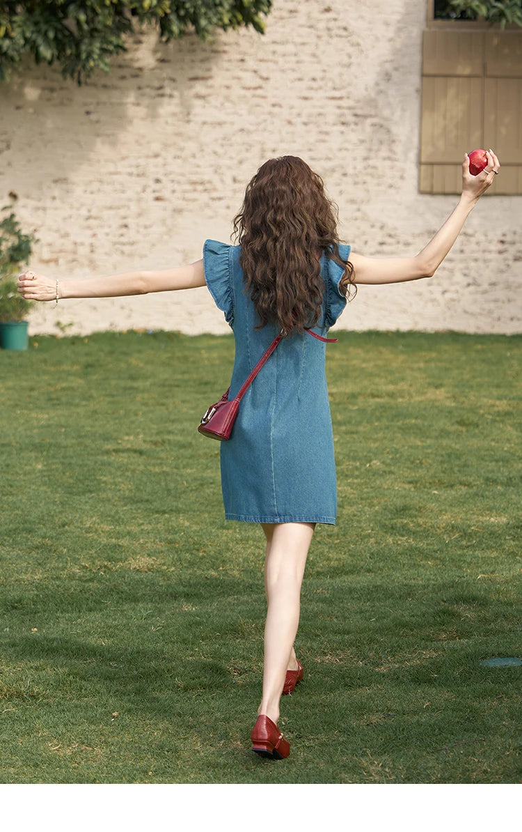 MISHOW Chinese Flying Sleeve Split Denim Dress 2024 Side Flap Buckle Round Neck Denim Waist Loose Knee-Length Dresses MXD22L1851