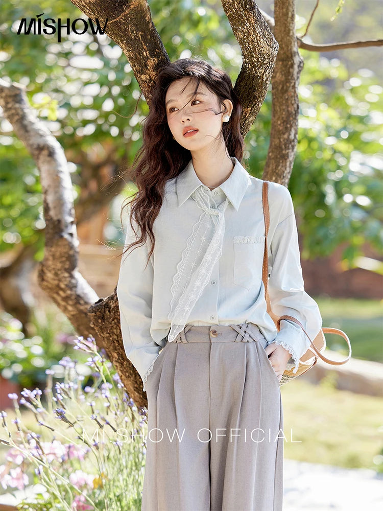 MISHOW French Spring Blouses Women 2025 New Long Sleeve Turn-down Collar Loose Shirts Female Fashion Lace Casual Tops MXE16C0760