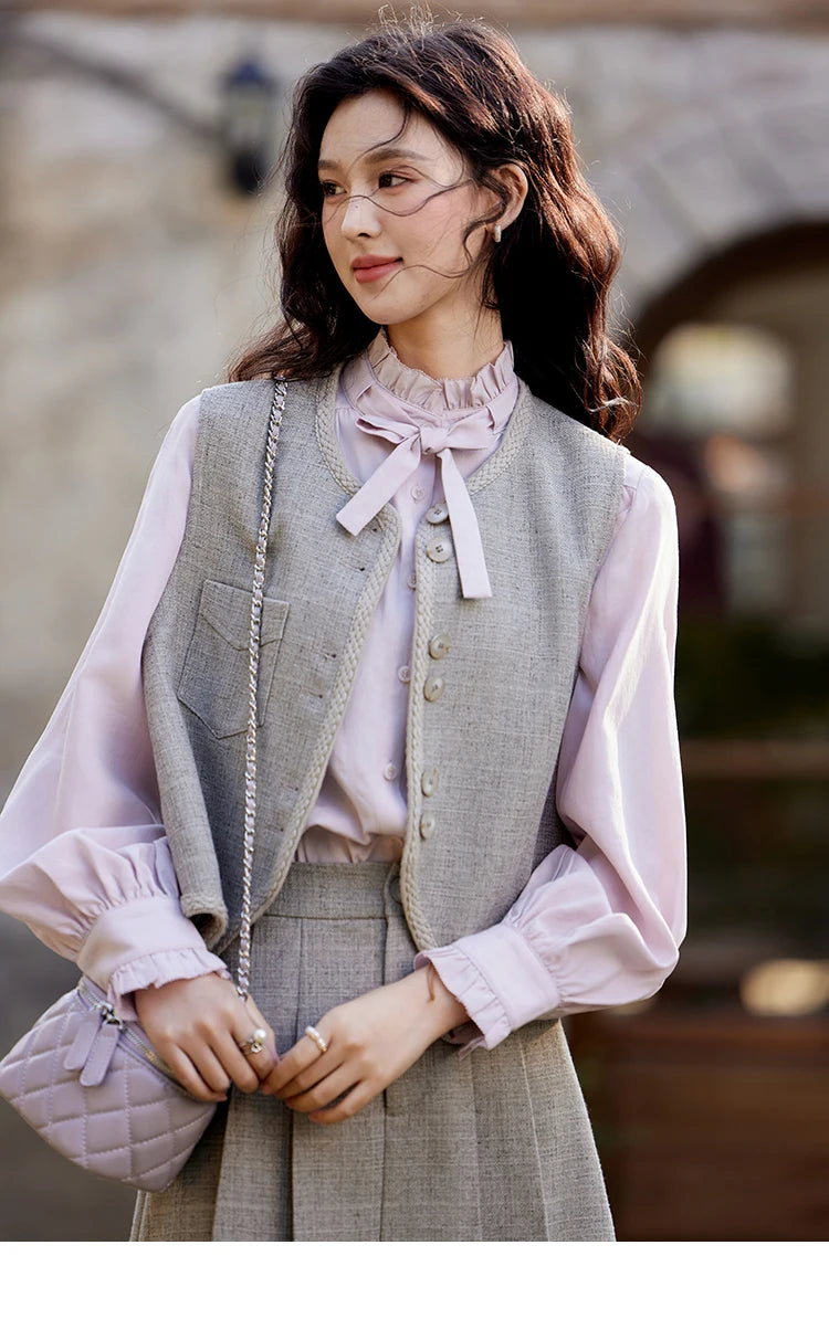 MISHOW Korean Woolen Texture Vest Short Skirt Separately Spring Outfit V-neck Vest Coats Slim A-line Pleated Skirts MXE13W0708