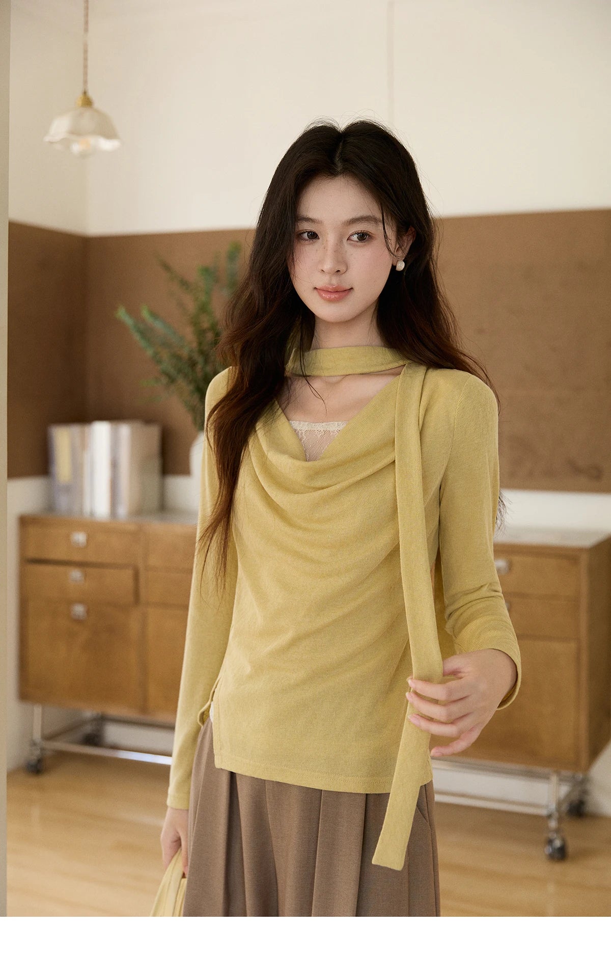 MISHOW Women's Yellow Splicing Lace Long Sleeve Knitted Top Spring Ribbon Draped Collar Casual Slim Thin Sweater MXF108Z1030