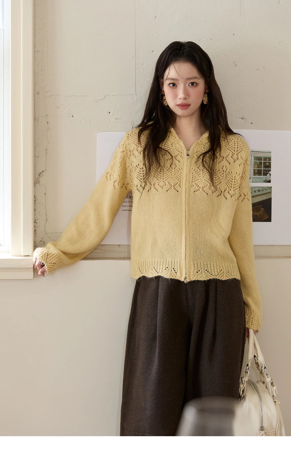 MISHOW Yellow Hollow Out Cardigan Women 2025 Autumn Winter New Hooded Zipper Sweater Loose Casual Bottoming Tops MXE46Z2584