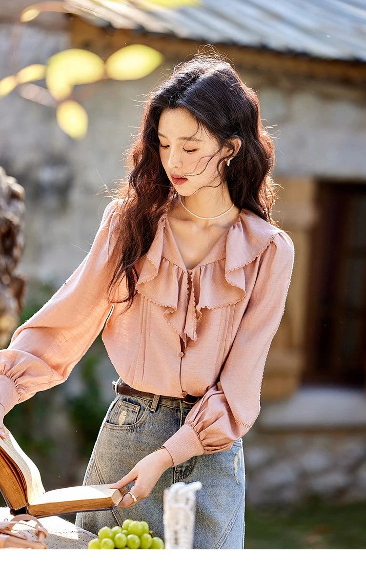 MISHOW Lotus Leaf Collar Shirt Bubble Sleeves Pink Shirt for Women Spring 2025 Sweet Chiffon Top Temperament Shirts MXE12X1702