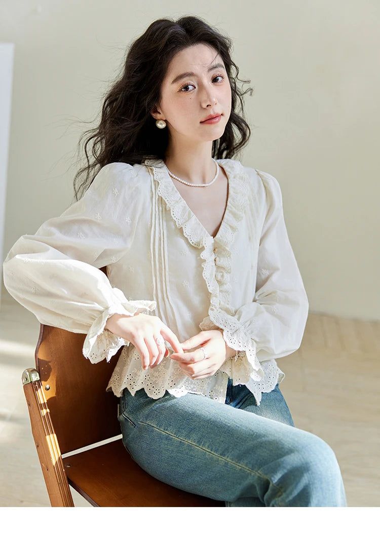 MISHOW Spring New French Shirts for Woman 2025 Long Sleeve V-neck Solid Loose Blouses Women Fashion Versatile Tops MXE14X1732