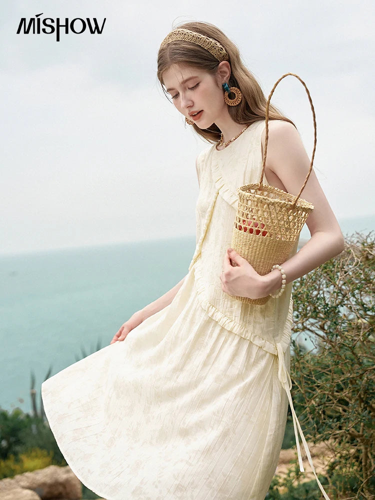 MISHOW French Sleeveless Suspender Dress for Women Summer Round Neck Auricularia Auricula Edge Lace-up Vest Dresses MXD26L1821