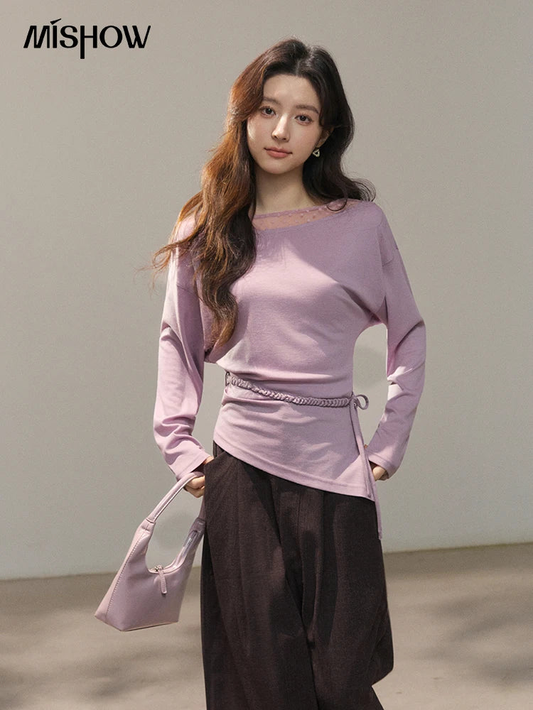 MISHOW Women's Mesh Wool Lace Polka Dot Splicing Tops 2026 Spring Boat Neck Slim Belt Twist Casual Solid T-Shirts MXF13Z3001