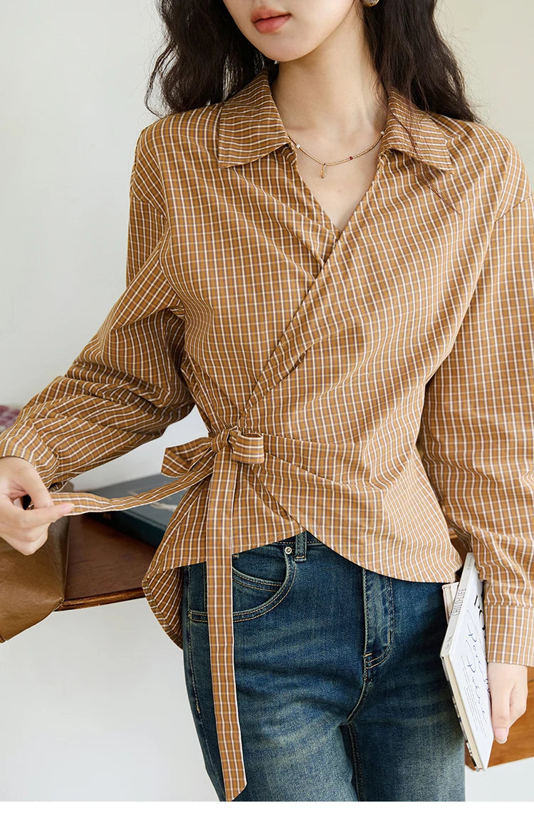 MISHOW Women's 100 Cotton Dark Orange Plaid Shirt  Autumn Design Side Waist Lace-up Long Sleeved Shirts Office Lady MXE46X2494