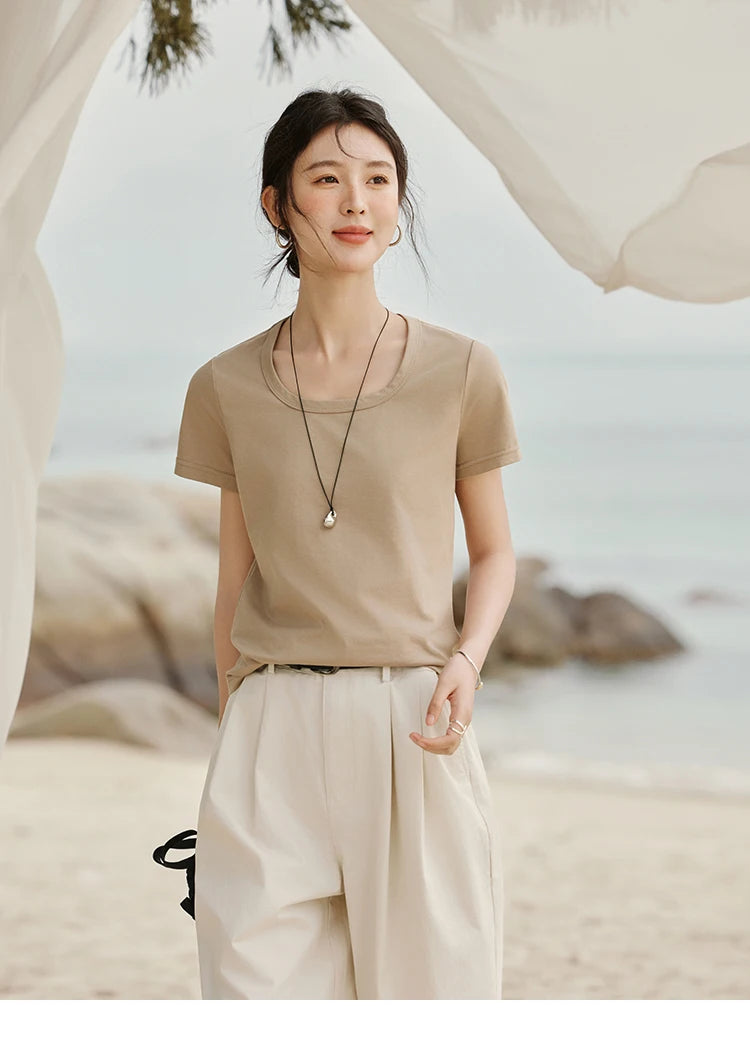 MISHOW Solid Casual T-shirts Women Summer 2025 New Square Neck Short Sleeve Shirt Female Fashion Straight Tops Woman MXE15T0483