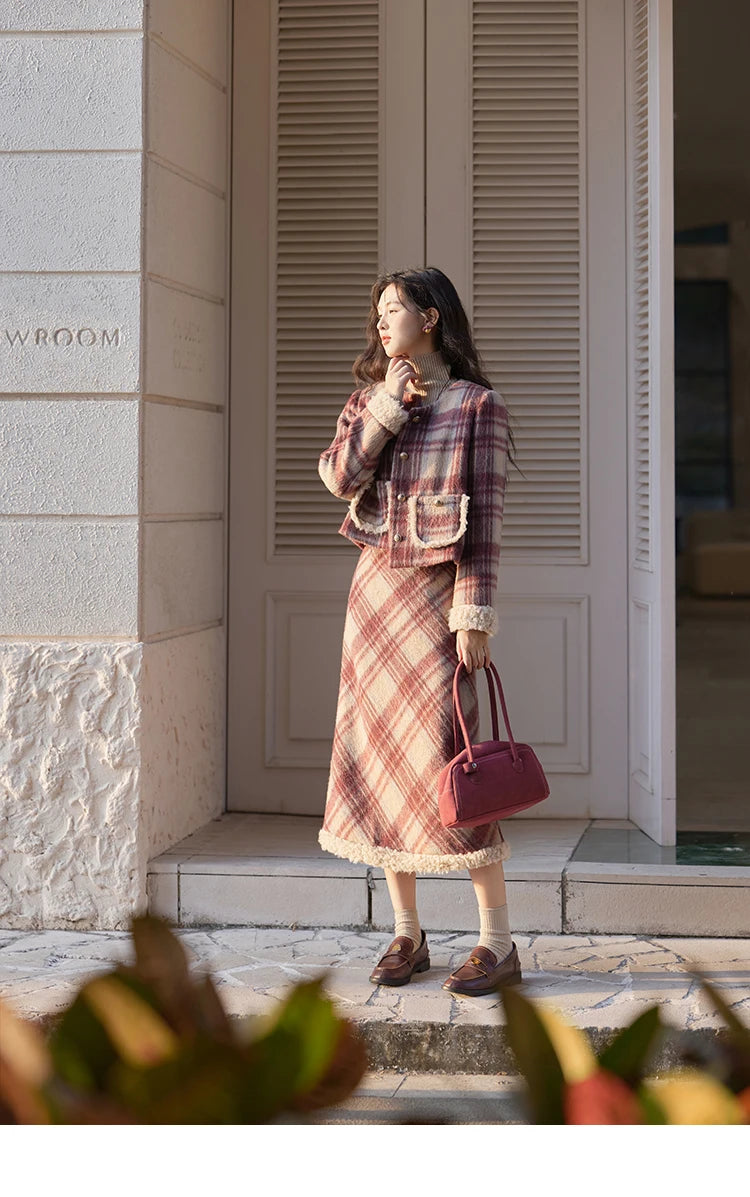 MISHOW Plaid Tweed Jacket Midi Skirt Separately Women 2024 Winter Korean Gentle Thick O-Neck Jacket Straight Skirt MXD54W0562
