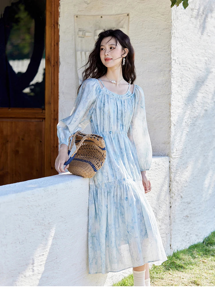 MISHOW Printed Blue Blending Chiffon Vacation Dress Spring 2025 Drawstring Waist Long Dress Lantern Sleeve Dresses MXE16L2114