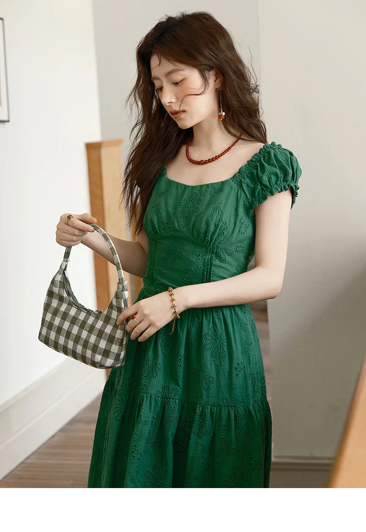 MISHOW Women's French Fashion Square Neck Dress 2025 Summer New Puff Sleeve Embroidery Midi Dresses Ladies Clothing MXE39L2325