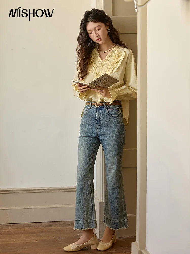 MISHOW Hand Sewn Rose Blouse for Women Autumn 2025 V-neck  Edible Tree Fungus Edge Tops Sweet Lantern Sleeves Blouses MXE44X2470