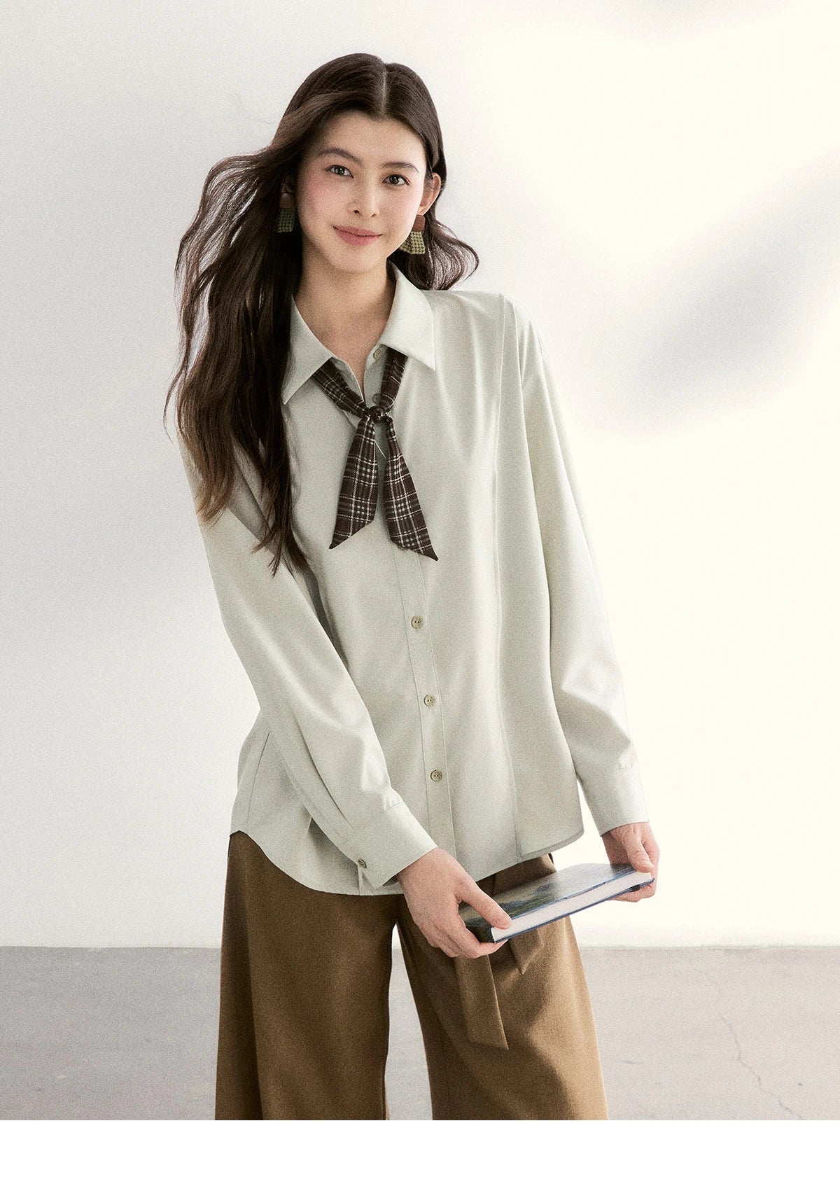 MISHOW Women's Casual Loose Shirt with Plaid Scarf 2026 Spring Lapel Tops Versatile Long Sleeve Shirts Office Lady MXF108C0815