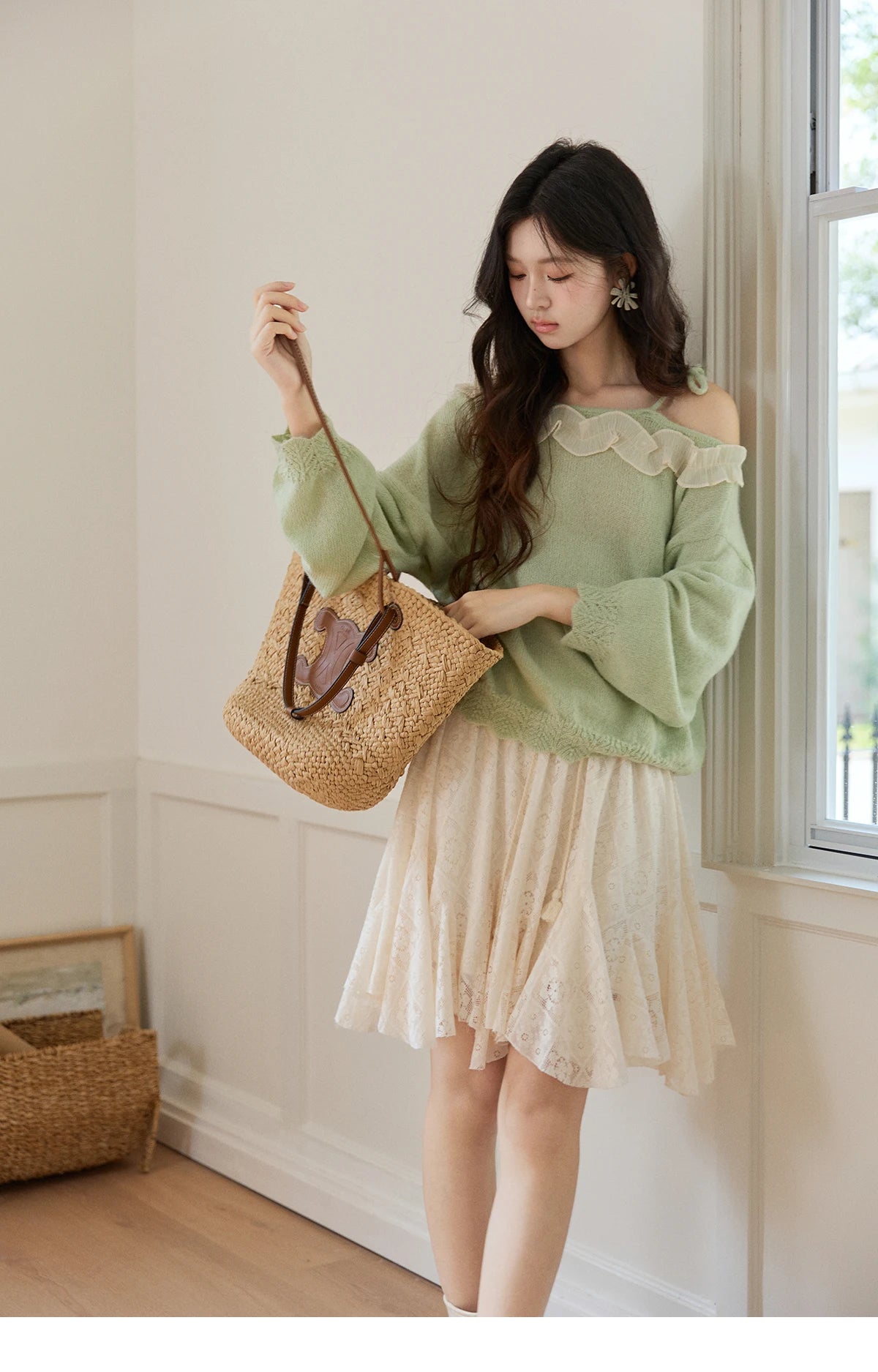 MISHOW Women's Light Green Knit Sweater 2026 Spring Asymmetrical Side Exposed Shoulder Tops Ruffled Casual Loose Top MXF108Z1027