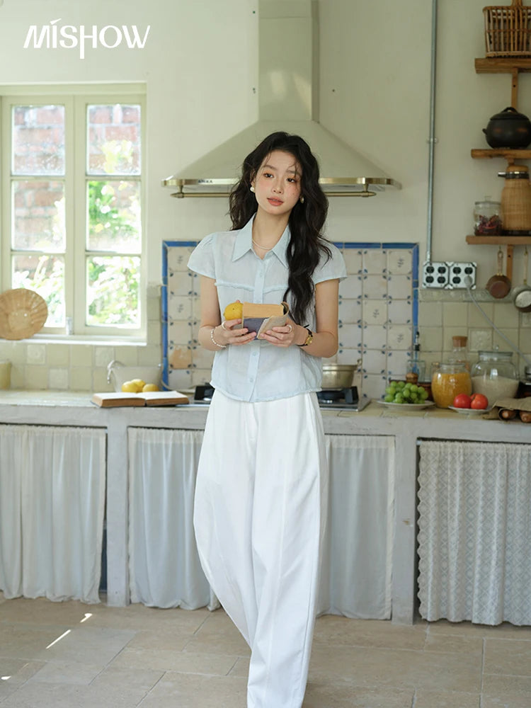 MISHOW Women's Turn-down Collar Button Casual Shirt 2025 Summer New Ladies Wear Edge Splicing Commut Short Sleeve Top MXE39C2363